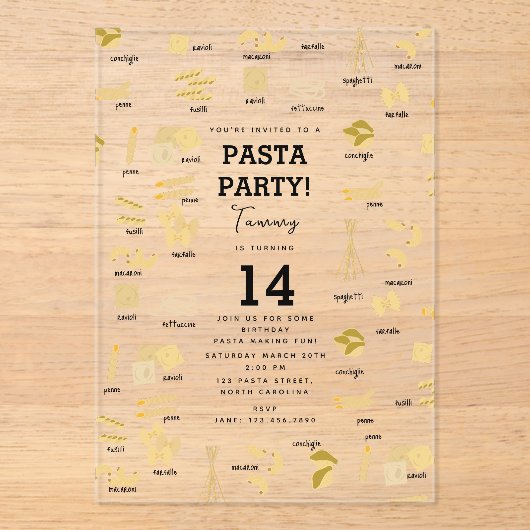 パスタイタリアンの形状と名前パスタ製造誕生日 アクリル招待状 (正面)