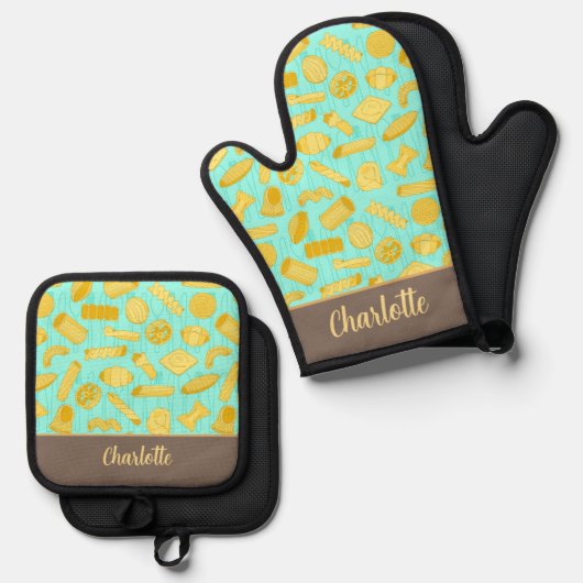 パスタシパターン（の模様が）あるェフイタリアングルメ 鍋つかみ&鍋敷きセット (正面/裏面)