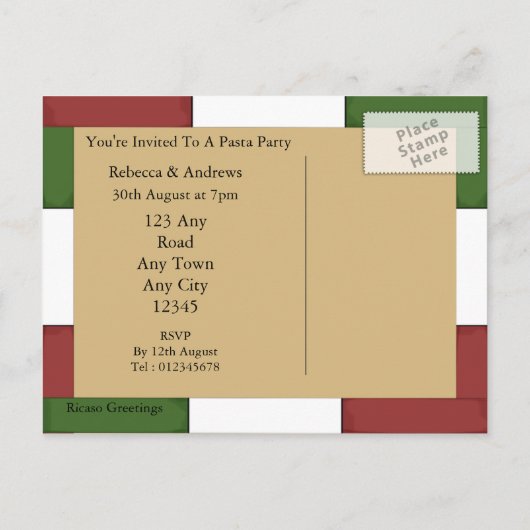 パスタパーティの招待状 インビテーションポストカード (裏面)