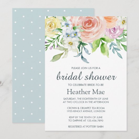 パステかわいらしルウォーターカラーフローラブライダルシャワー 招待状 (正面/裏面)