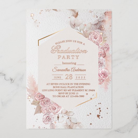 パステエレガントルピンクフローラフレームファンシーバラ金ゴールド  箔招待状 (正面)