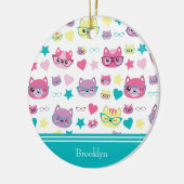 パステカッコいいルキャッツwメガネパターン、ティール（緑がかった色）クリスマス セラミックオーナメント (左)