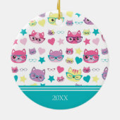 パステカッコいいルキャッツwメガネパターン、ティール（緑がかった色）クリスマス セラミックオーナメント (裏面)