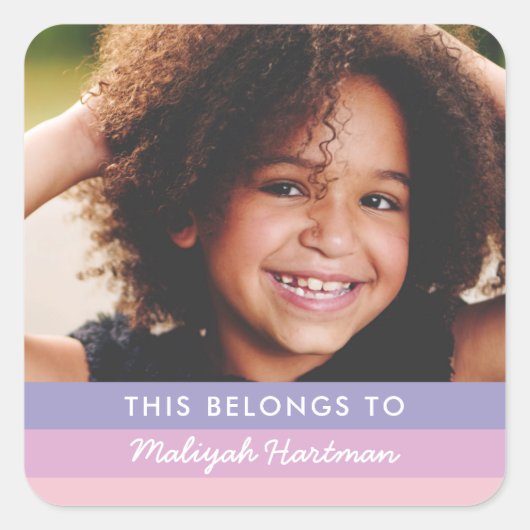 パステストライプルズキュート台本名キッズスクールパープル スクエアシール (正面)