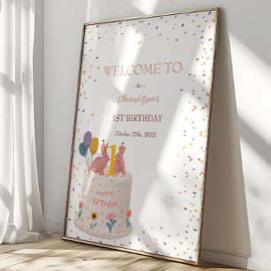 パステルうさぎ双子ちゃん 1歳の誕生日パーティーへようこそ ポスター