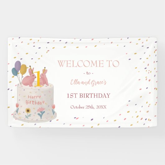 パステルうさぎ双子ちゃん 1歳の誕生日パーティーへようこそ 横断幕 (横)