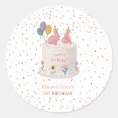 パステルうさぎ双子ちゃん 1歳の誕生日パーティー ラウンドシール (正面)