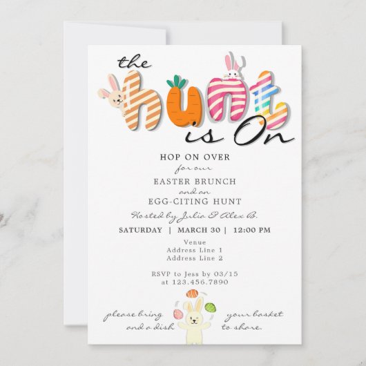パステルおもしろいイースターカラフルブランチ卵狩りバニー 招待状 (正面)