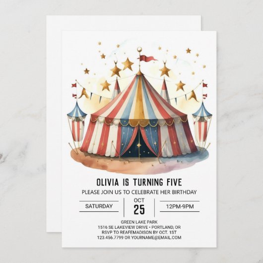 パステルおもしろいフェスティバルサーカス誕生日 招待状 (正面/裏面)