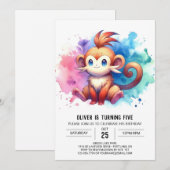 パステルおもしろいモンキー誕生日 招待状 (正面/裏面)