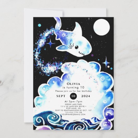 パステルおもしろい水中シャーク誕生日 招待状 (正面)