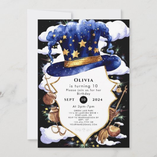 パステルお洒落ウォーターカラーウィザード誕生日 招待状 (正面)