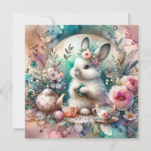 パステルお洒落ウォーターカラーバニーティーイースター シーズンカード (正面)
