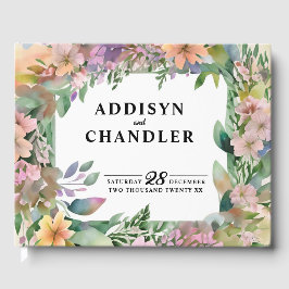 パステルお洒落ウォーターカラーワイルドフラワー結婚ズ ゲストブック