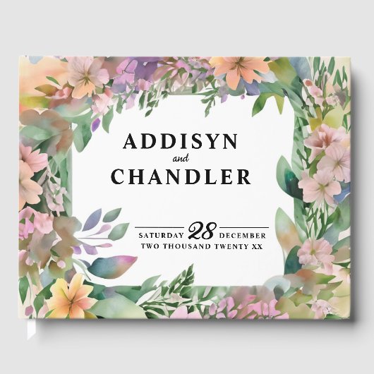 パステルお洒落ウォーターカラーワイルドフラワー結婚ズ ゲストブック (正面)