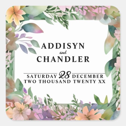 パステルお洒落ウォーターカラーワイルドフラワー結婚ズ スクエアシール (正面)