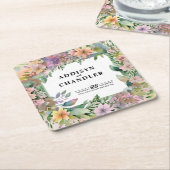 パステルお洒落ウォーターカラーワイルドフラワー結婚ズ スクエアペーパーコースター (アングル)