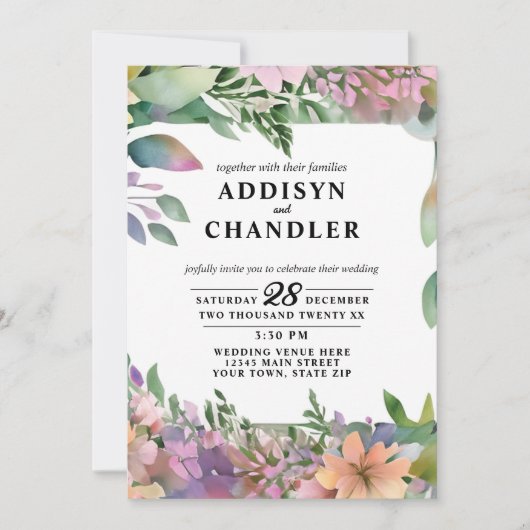 パステルお洒落ウォーターカラーワイルドフラワー結婚ズ 招待状 (正面)