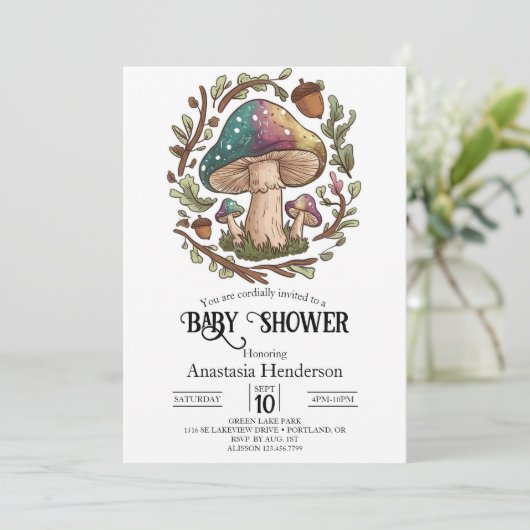 パステルお洒落キノコ赤ちゃんシャワーデジタル 招待状 (スタンド正面)