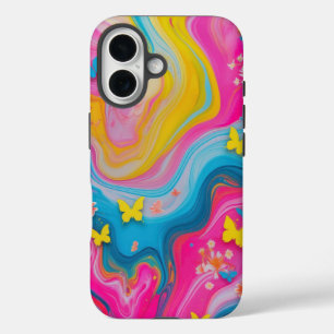 パステルお洒落バタフライマーブルフォンケース iPhone 16ケース