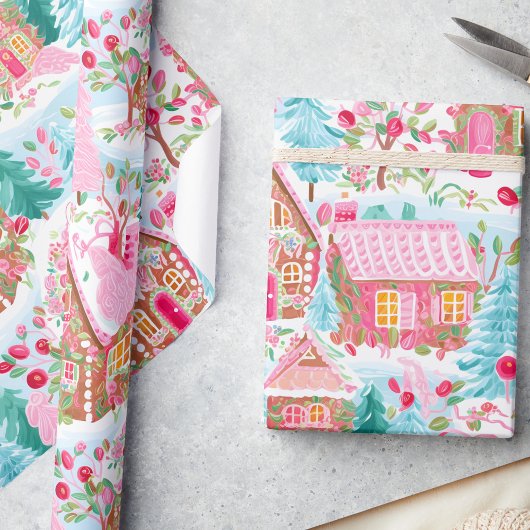 パステルお洒落ピンクジンジャーブレッドドリームクリスマス ラッピングペーパー