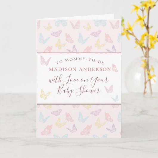 パステルお洒落ピンクバタフライガールベビーシャワー カード (黄色い花)