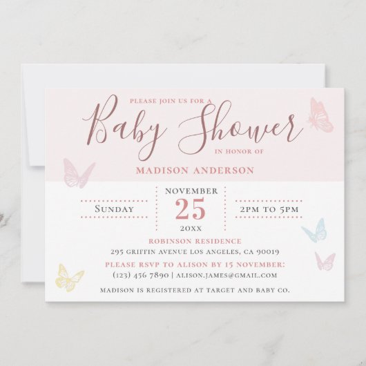 パステルお洒落ピンクバタフライガールベビーシャワー 招待状 (正面)