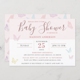 パステルお洒落ピンクバタフライガールベビーシャワー 招待状