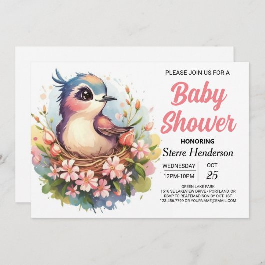 パステルお洒落ピンクバードベビーシャワー 招待状 (正面/裏面)