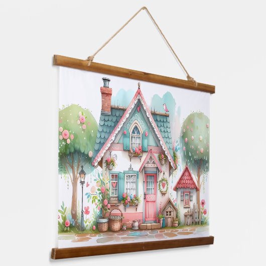 パステルお洒落フェアリーテイルコテージアート 吊り下げ型タペストリー (傾斜あり)