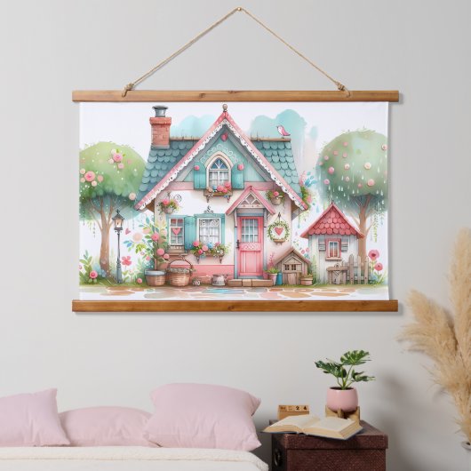 パステルお洒落フェアリーテイルコテージアート 吊り下げ型タペストリー (寝室)