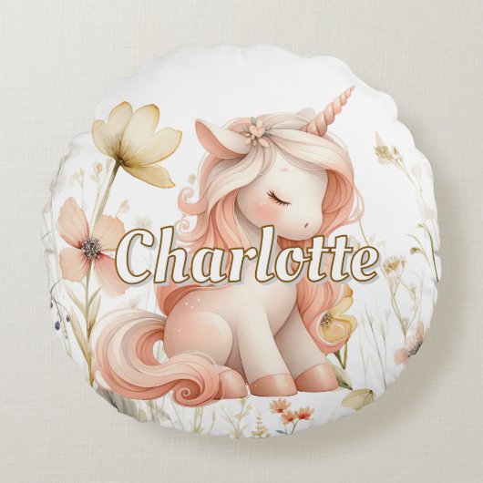 パステルお洒落ユニコーン野花 ラウンドクッション (正面)