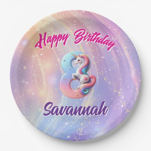 パステルお洒落ユニコーン8バースデーパーティー ペーパープレート (正面)