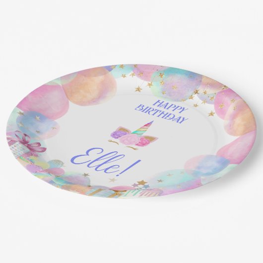 パステルお洒落レインボーズユニコーン誕生日 ペーパープレート (アングル)