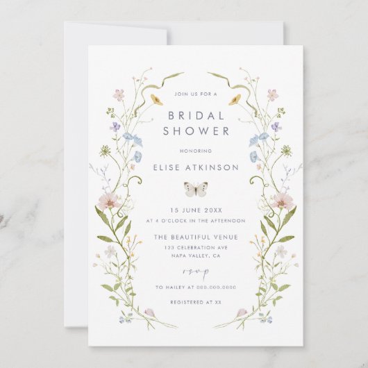 パステルお洒落ワイルドフラワーフレームブライダルシャワー 招待状 (正面)
