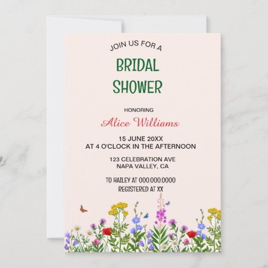 パステルお洒落ワイルドフラワーフレームブライダルシャワー 招待状 (正面)