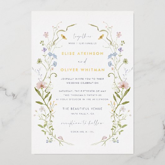 パステルお洒落ワイルドフラワーフレーム結婚ズ 箔招待状 (正面)