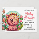 パステルお洒落恐竜ガールベビーシャワー 招待状 (正面/裏面)