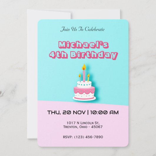 パステルお誕生日ケーキとキャンドル 招待状 (正面)