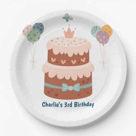 パステルお誕生日ケーキとバルーン ペーパープレート (正面)
