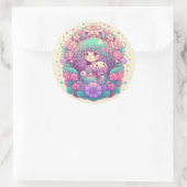 パステルかわいいアニメ女の子フラワーステッカー ラウンドシール (バッグ)