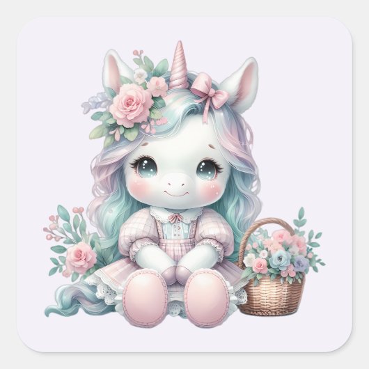 パステルかわいいウニコン人形（花籠つき） スクエアシール (正面)