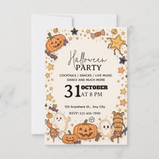 パステルかわいいハロウィンパーティー招待状 – 編集可能 招待状 (正面)