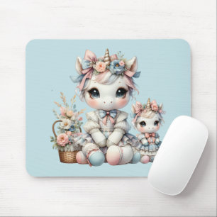 パステルかわいいユニコーンマザードーターデュオブルー マウスパッド