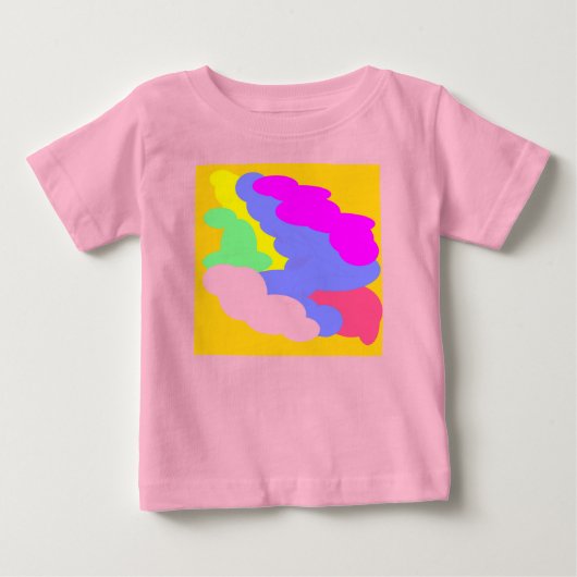 パステルかわいい色のパフの形が青いピンクの黄色 ベビーTシャツ (正面)