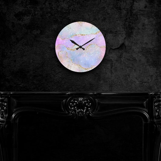 パステルかわいらしアゲート |金ゴールドグリッター静脈水彩 ラウンド壁時計