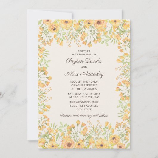 パステルかわいらしイエローウォーターカラーフラワー結婚ズ 招待状 (正面)