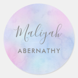 パステルかわいらしウォーターカラーネームスクールラベルパープル ラウンドシール