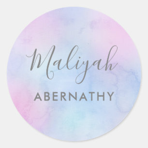 パステルかわいらしウォーターカラーネームスクールラベルパープル ラウンドシール