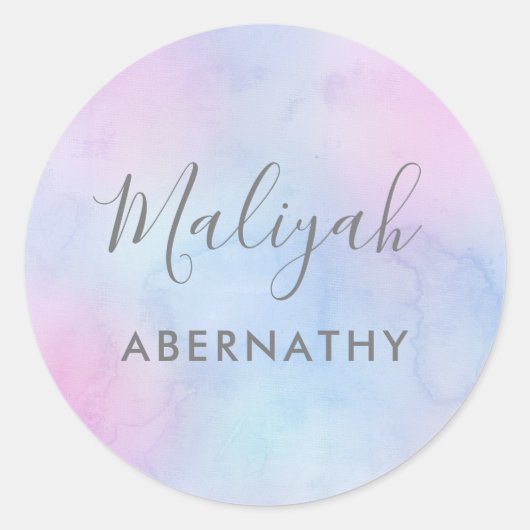 パステルかわいらしウォーターカラーネームスクールラベルパープル ラウンドシール (正面)